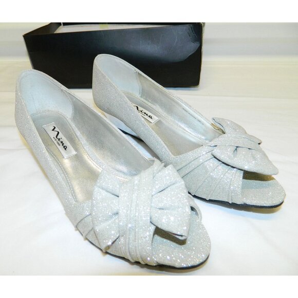 Nina Silver Glitter Peep-Toe Wedge Shoes Size 7M Metallic Gray - Picture 7 of 15